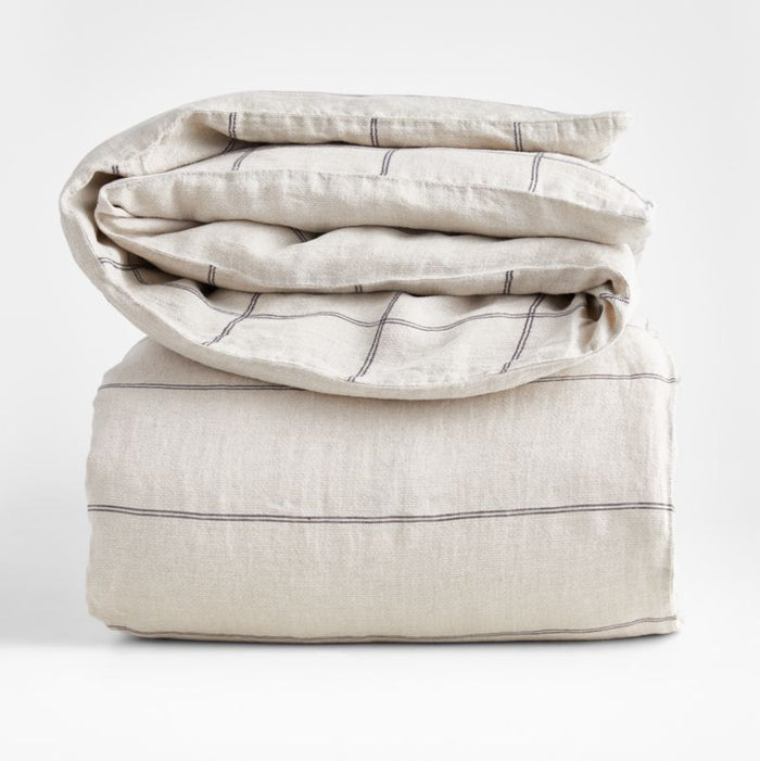 Natural Hemp Arcadia Tan and Midnight Navy Reversible Grid Full/Queen Duvet Cover