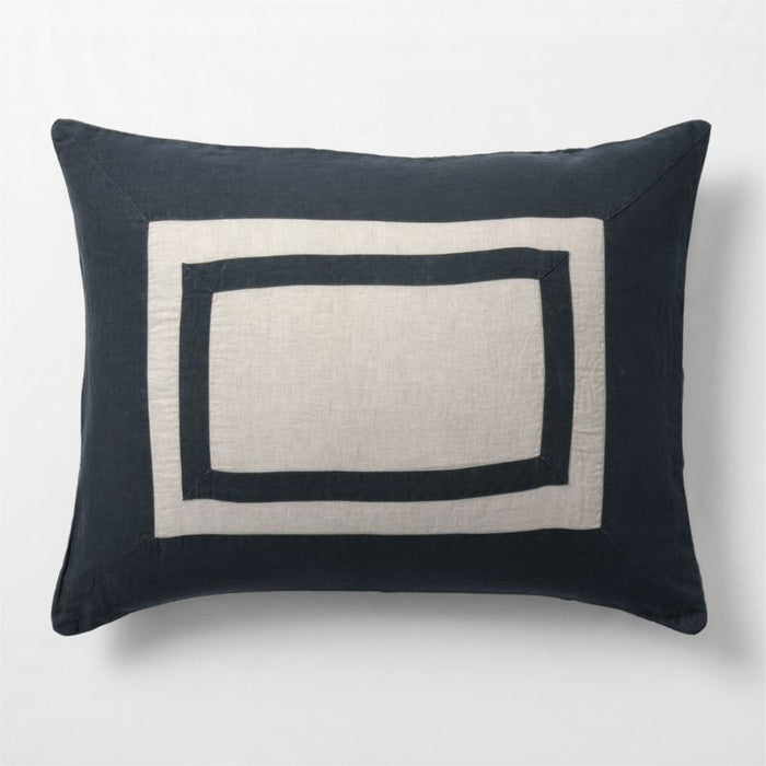 New Natural EUROPEAN FLAX -Certified Linen Arcadia Tan and Midnight Navy Border Euro Bed Pillow Sham
