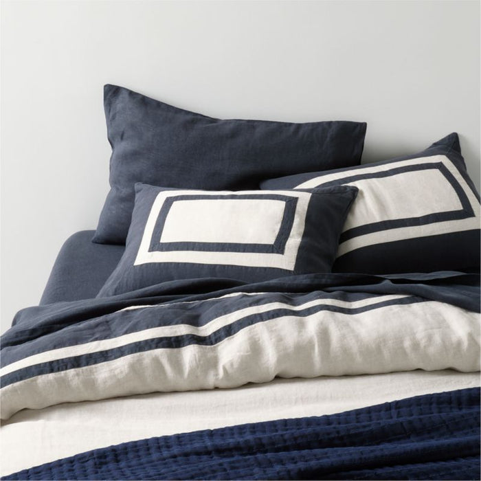 New Natural EUROPEAN FLAX -Certified Linen Arcadia Tan and Midnight Navy Border King Bed Pillow Sham