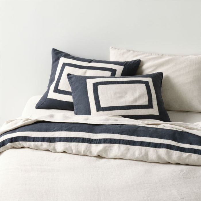 New Natural EUROPEAN FLAX -Certified Linen Arcadia Tan and Midnight Navy Border Euro Bed Pillow Sham