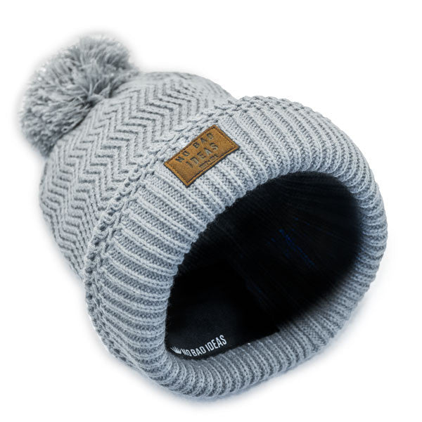 No Bad Ideas - Redford Beanie Puff Ball Hat w/ Leather Patch - Close-Up, Stash Pocket