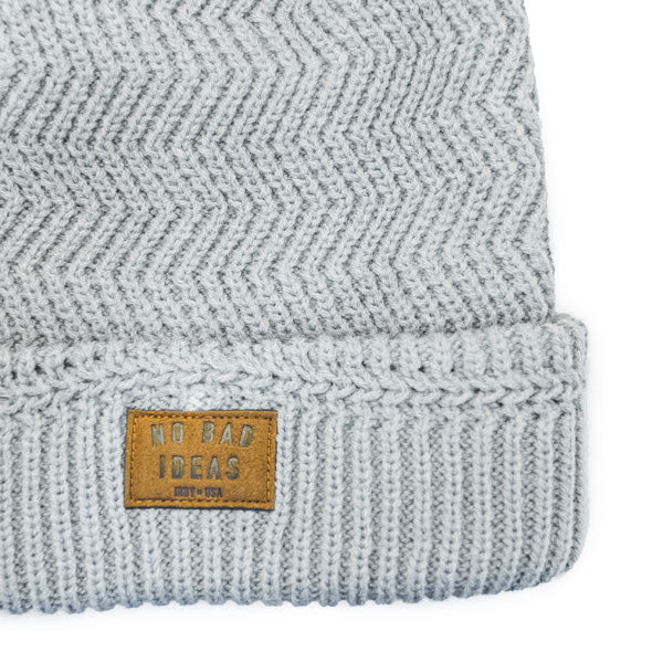 No Bad Ideas - Redford Beanie Puff Ball Hat w/ Leather Patch - Close-Up, Patch