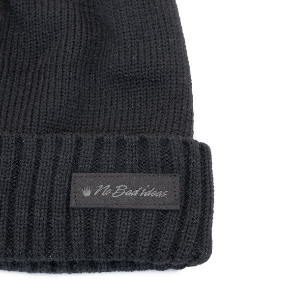 No Bad Ideas - Zander Military Knit Watch Cap w/ Patch - Black - Close up of Leather Patch