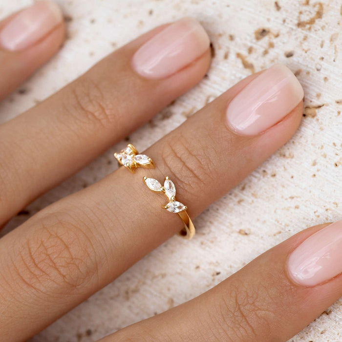 Cubic zirconia open leaf ring in gold vermeil