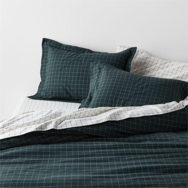 Organic Cotton Flannel Spruce Green Full/Queen Windowpane Duvet Cover