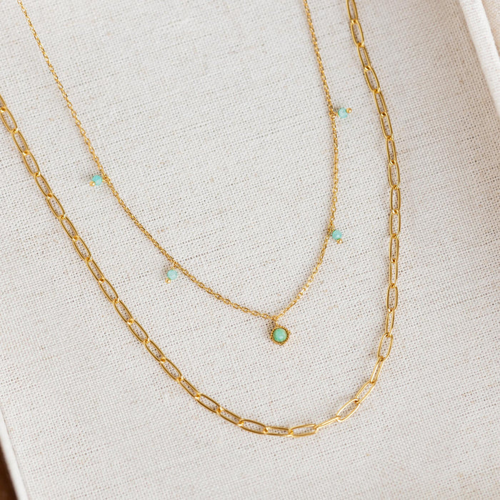 Paperclip necklace and amazonite gemstone necklace in gold vermeil