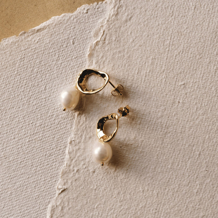 Pearl Drop Earrings with organic shape made in gold vermeil