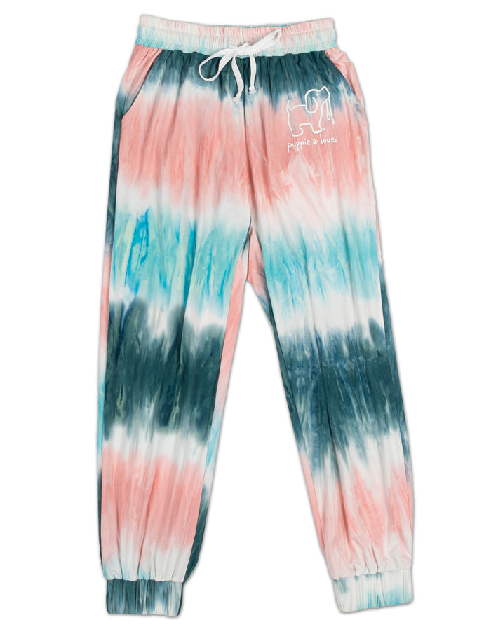PINK/TURQUOISE STRIPED TIE DYE LOUNGE PANTS PUPPIE LOVE