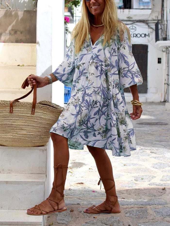 Printed V-Neck Casual Dress