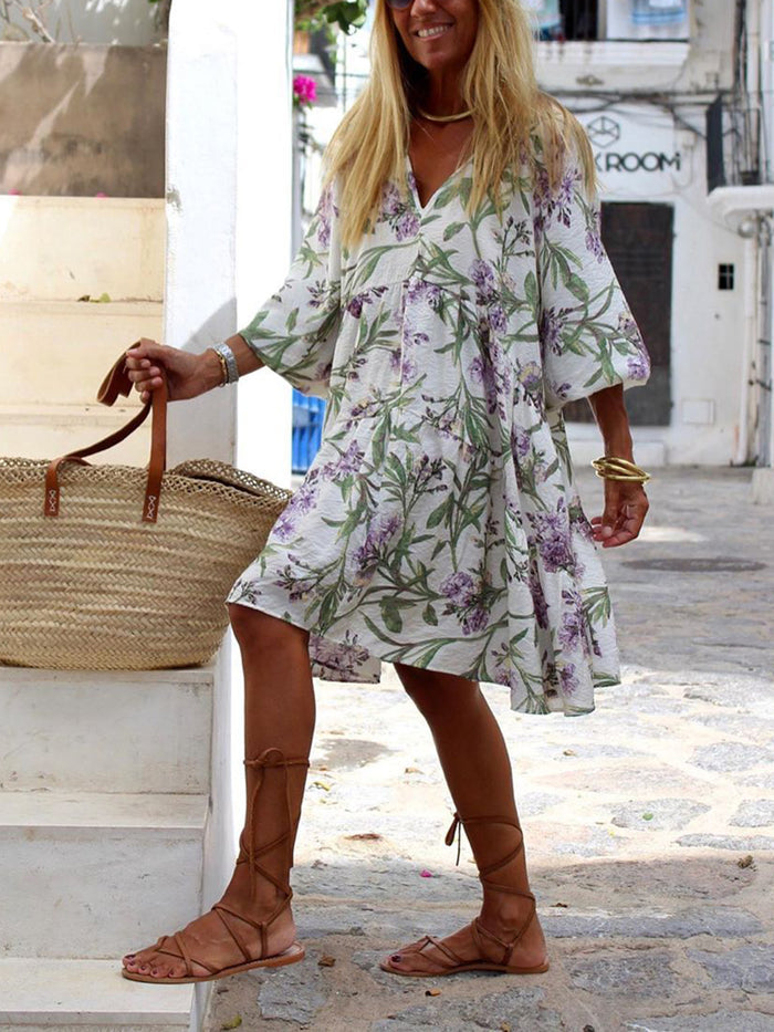 Printed V-Neck Casual Dress