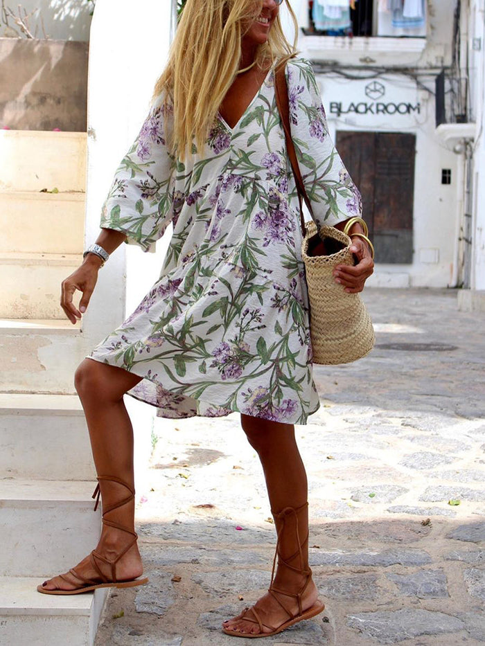 Printed V-Neck Casual Dress