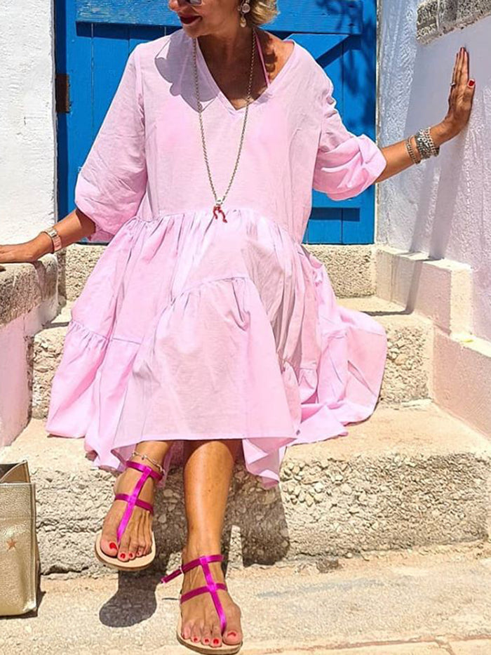 Pure Color V-Neck Casual Dress