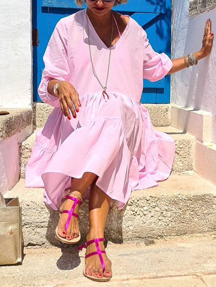 Pure Color V-Neck Casual Dress