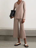 Pure Color V-Neck Casual Knitted Long Sleeve Suit