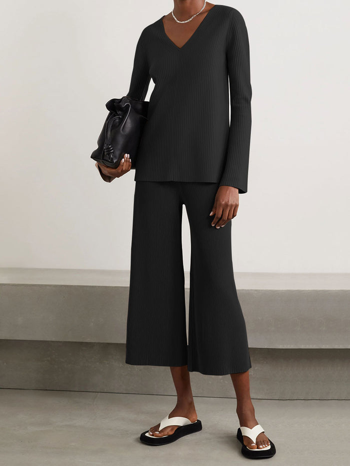 Pure Color V-Neck Casual Knitted Long Sleeve Suit