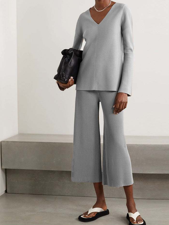 Pure Color V-Neck Casual Knitted Long Sleeve Suit