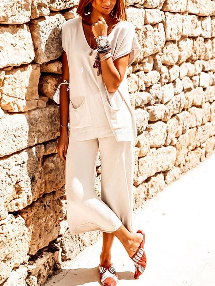 Pure Color V-Neck Casual Pocket Suit