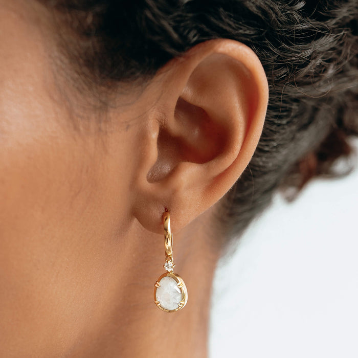 Small hoop earrings with moonstone drop and white gemstone in gold vermeil