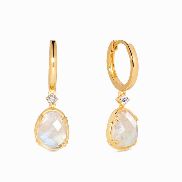 Gold drop earrings with moonstone and white cubic zirconia
