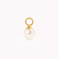 Gold and pearl pendant against a plain white background. The smooth, round pearl hangs from a small, shiny gold loop, conveying elegance and simplicity.
