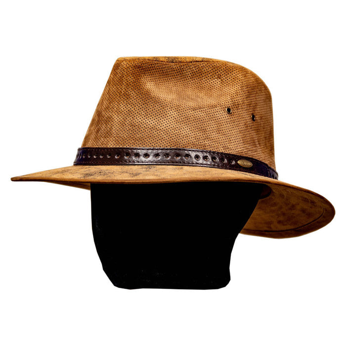 Saint Martin - Distressed Leather Fedora -Tan (Model Left)