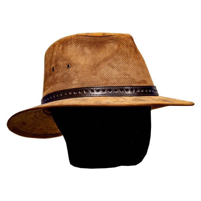Saint Martin - Distressed Leather Fedora -Tan (Model Right)