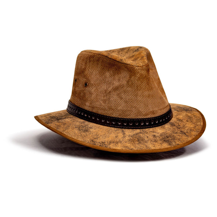 Saint Martin - Distressed Leather Fedora -Tan (Profile Side)