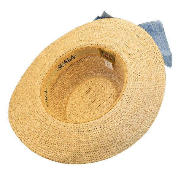 Scala - Manarola Raffia Gambler Hat with Heather Cloth Band in Blue - Bottom, Inside