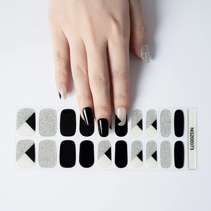 Lavender Semi-Cured Gel Nail Wraps Black Silver Glitter French Manicure