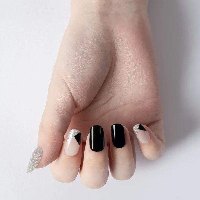 Lavender Semi-Cured Gel Nail Wraps Black Silver Glitter French Manicure