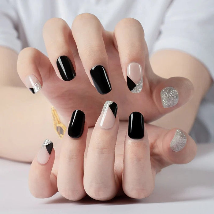 Wheat Semi-Cured Gel Nail Wraps Black Silver Glitter French Manicure