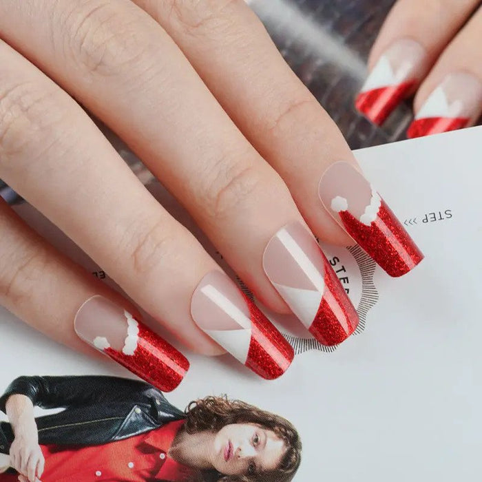 Light Gray Semi-Cured Gel Nail Wraps Red Glitter French Manicure Santa Hat