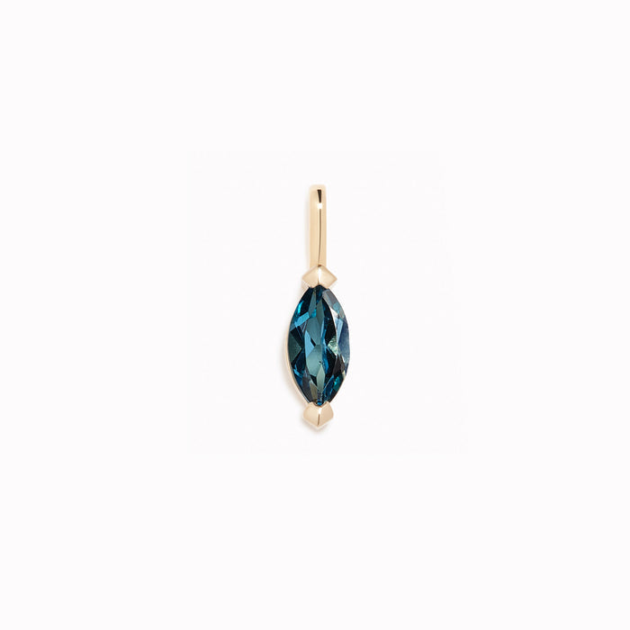 September Birthstone Pendant 14k Gold - London Blue Topaz marquise-cut gemstone set in polished gold on white background