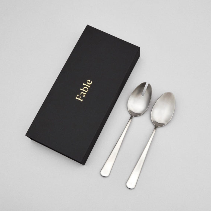 Serving spoons flatware by Fable Home, shown in a goldandwhite finish. – #goldandwhite