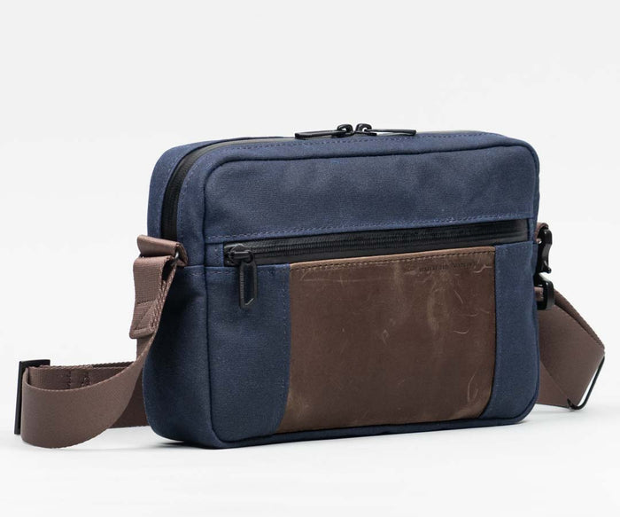 Navy Waxed Canvas + Chocolate Leather $159