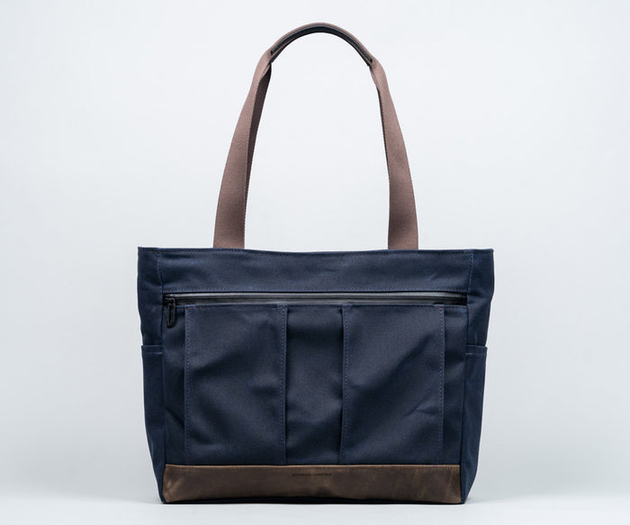 Navy Waxed Canvas + Chocolate Leather $249