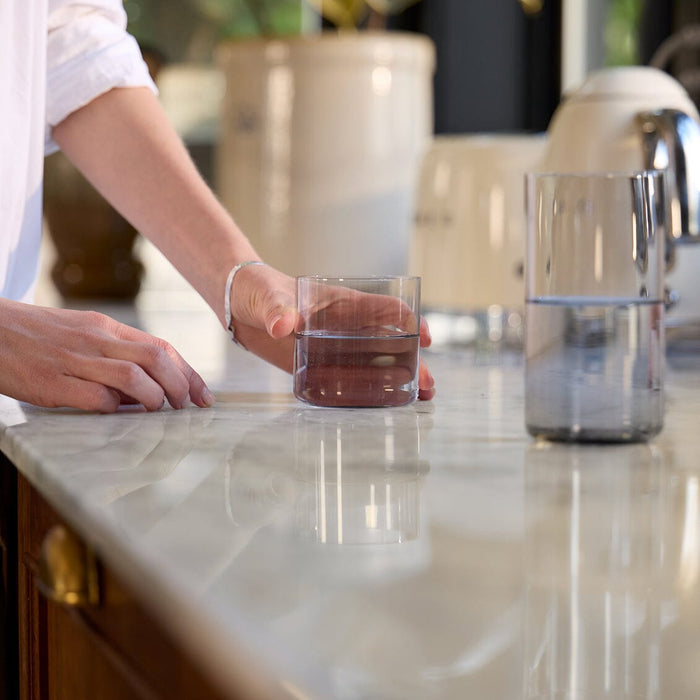 Short glasses pro glassware by Fable Home, shown in a smokegray finish. – #smokegray