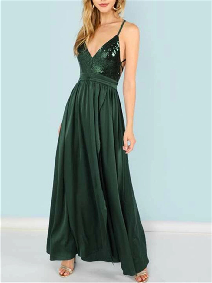 Solid Color Sling V-Neck Ladies Dress