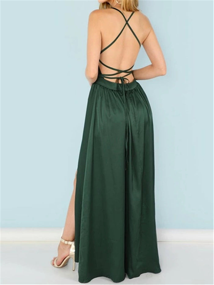 Solid Color Sling V-Neck Ladies Dress