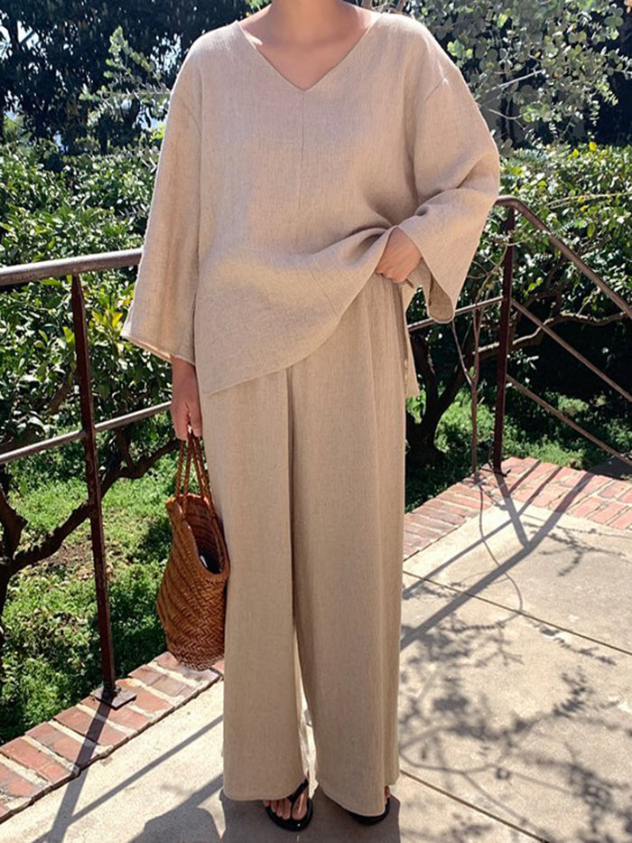 Solid Color V-Neck Long Sleeve Casual Suit