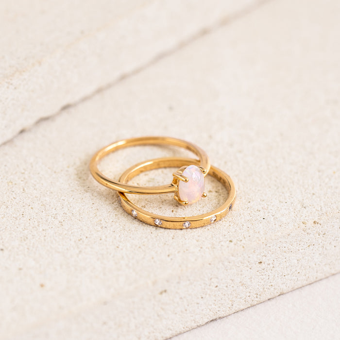 Stacking ring with bezel-set gemstones and opal ring in gold vermeil