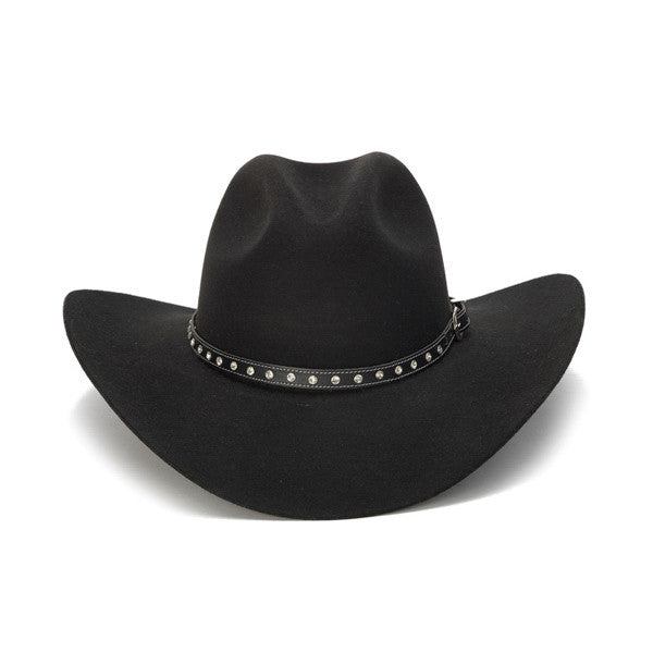 100X Wool Felt Black Cowboy Hat with Rhinestone Leather Trim - Front