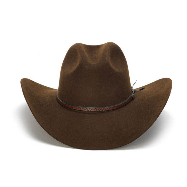 100X Wool Felt Brown Cowboy Hat with Zig Zag Leather Trim - Back