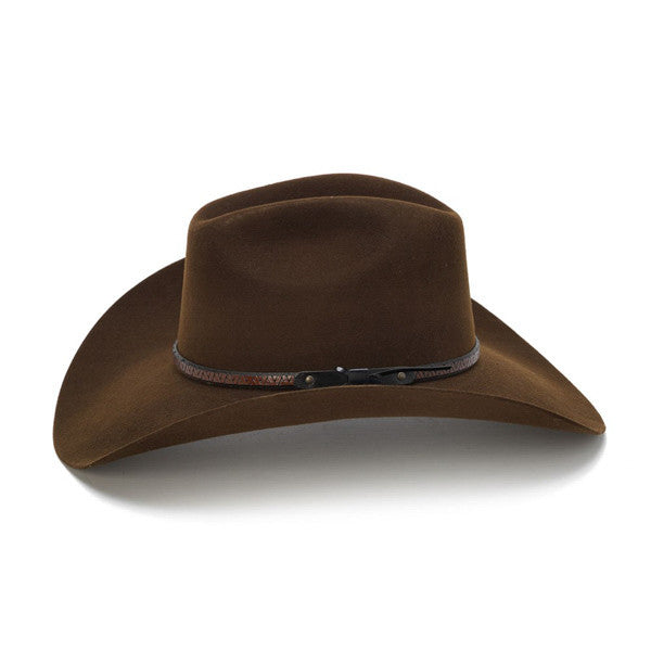 100X Wool Felt Brown Cowboy Hat with Zig Zag Leather Trim - Side