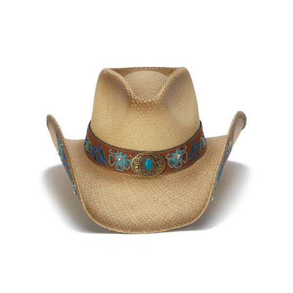 Stampede Hats - Blue Floral Leather Panama Western Hat - Front