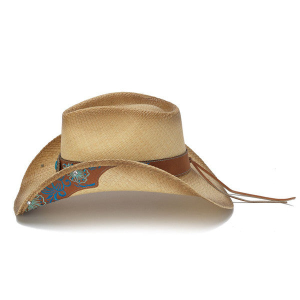 Stampede Hats - Blue Floral Leather Panama Western Hat - Side