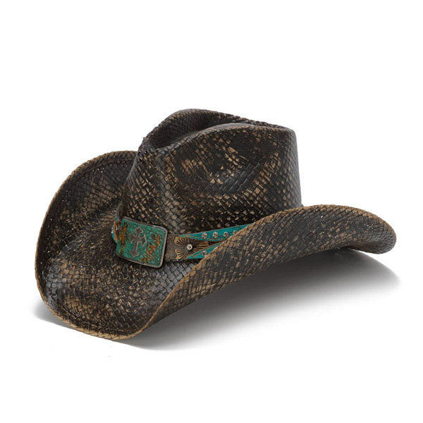 Distressed Black Cowboy Hat with Turquoise Band and Rhinestones - Front Angle