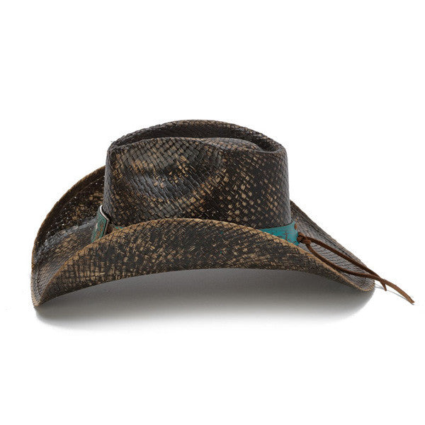 Distressed Black Cowboy Hat with Turquoise Band and Rhinestones - Side