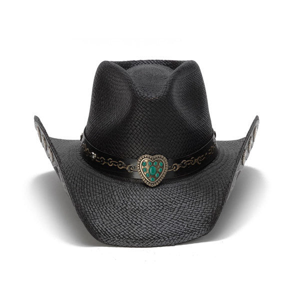Stampede Hats - Hearts and Chains Black Straw Western Hat - Front