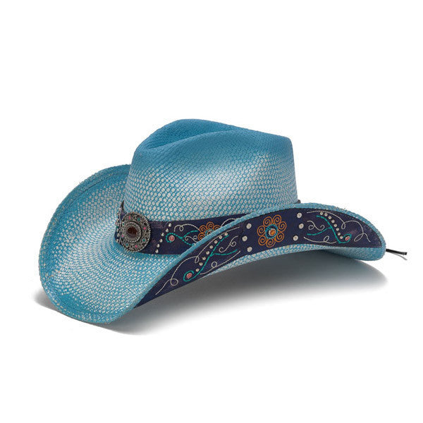 Sky Blue Bohemian Floral Western Hat with Studs and Embroidery - Front Angle